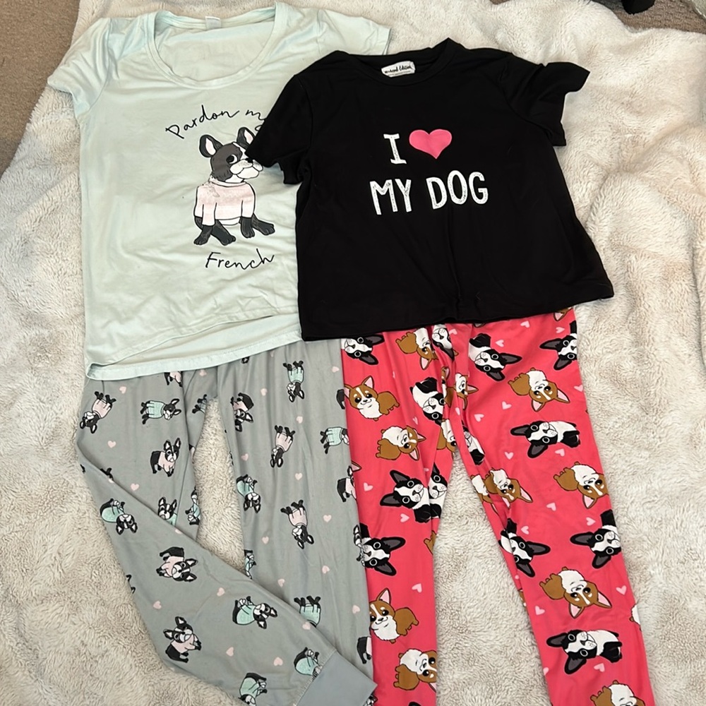 Two pairs of PJs, French bulldogs, fits like small.